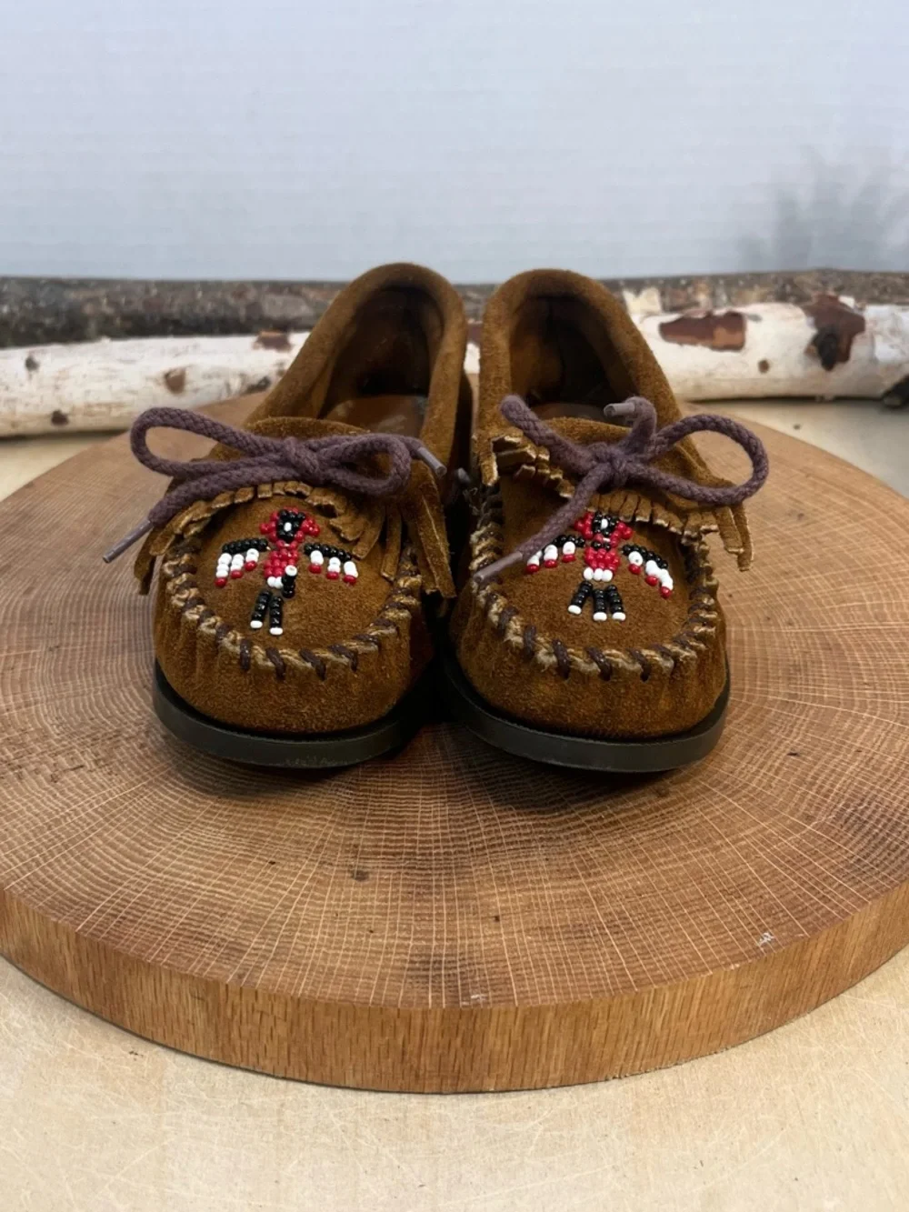 Minnetonka Thunderbird II Beaded Suede Moccasins Brown Size 13